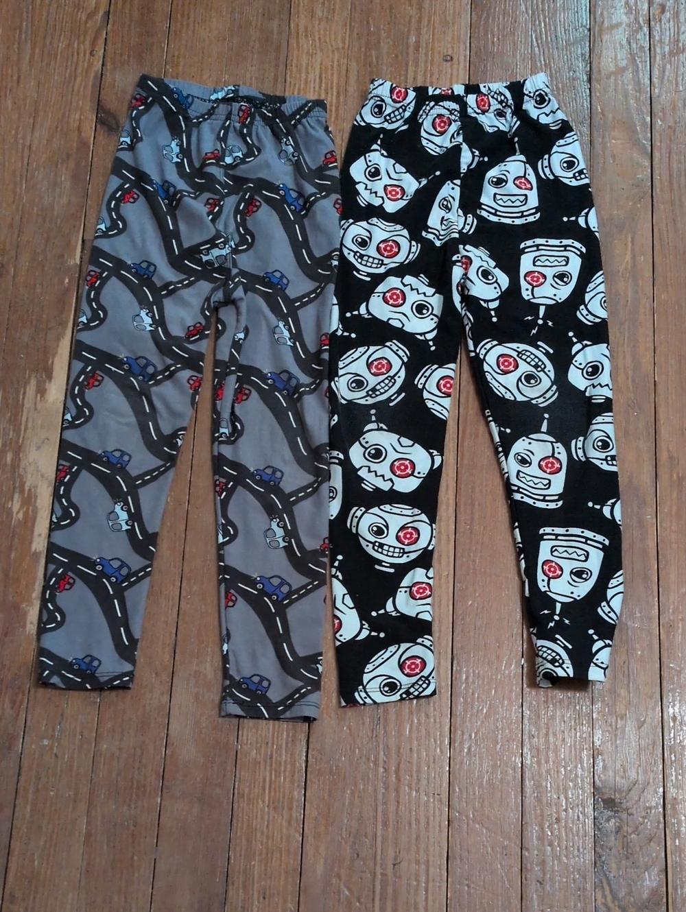 Kids Printed Stretch Leggings - Gray Road & Black Robot Patterns